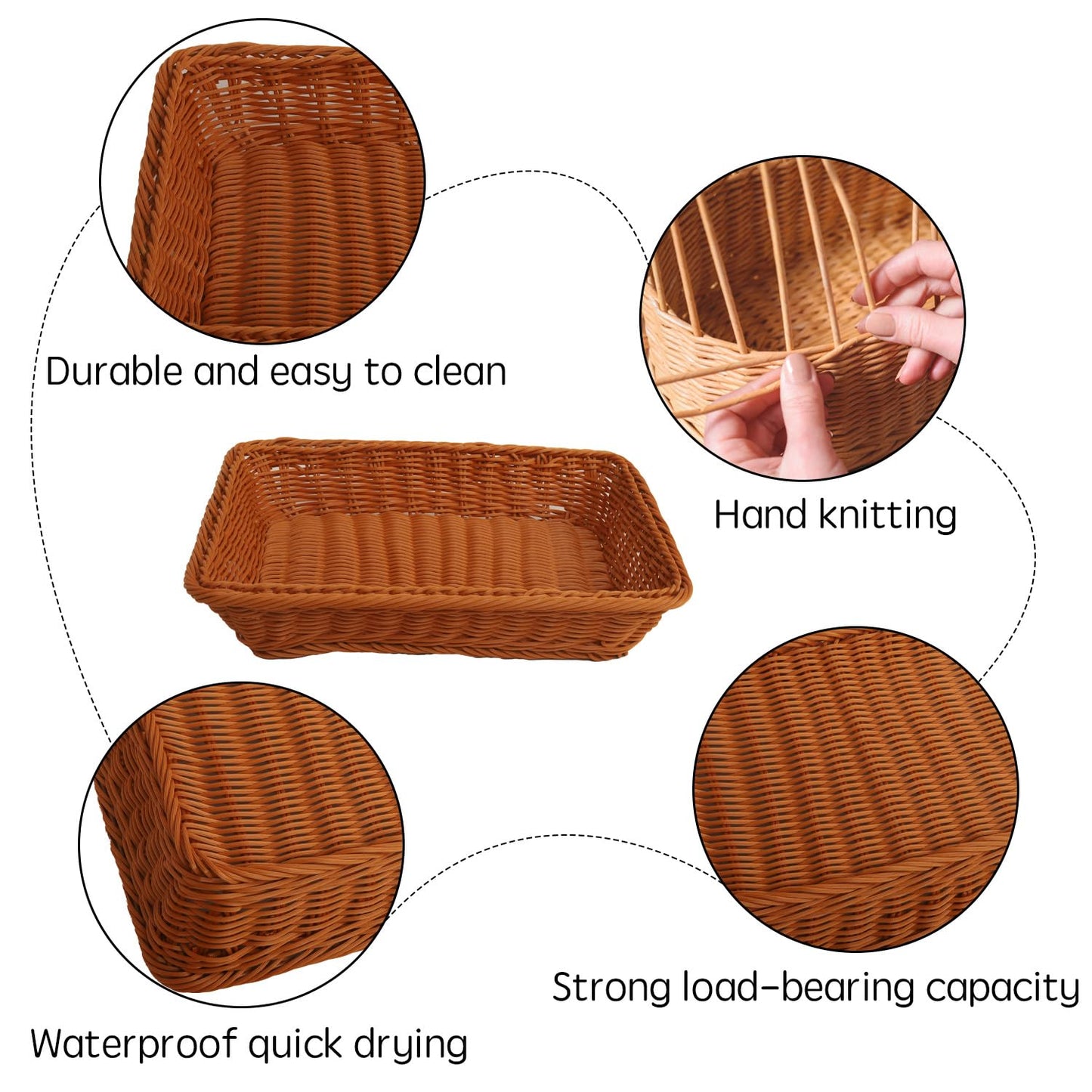 Nsmykhg Imitation Rattan Bread Baskets,3 Pack Poly Wicker Fruit Baskets Woven Bread Baskets,11.8 Inch Bread Baskets & Vegetable Serving Baskets for Display, Home Kitchen,Rectangular Baskets (Brown)