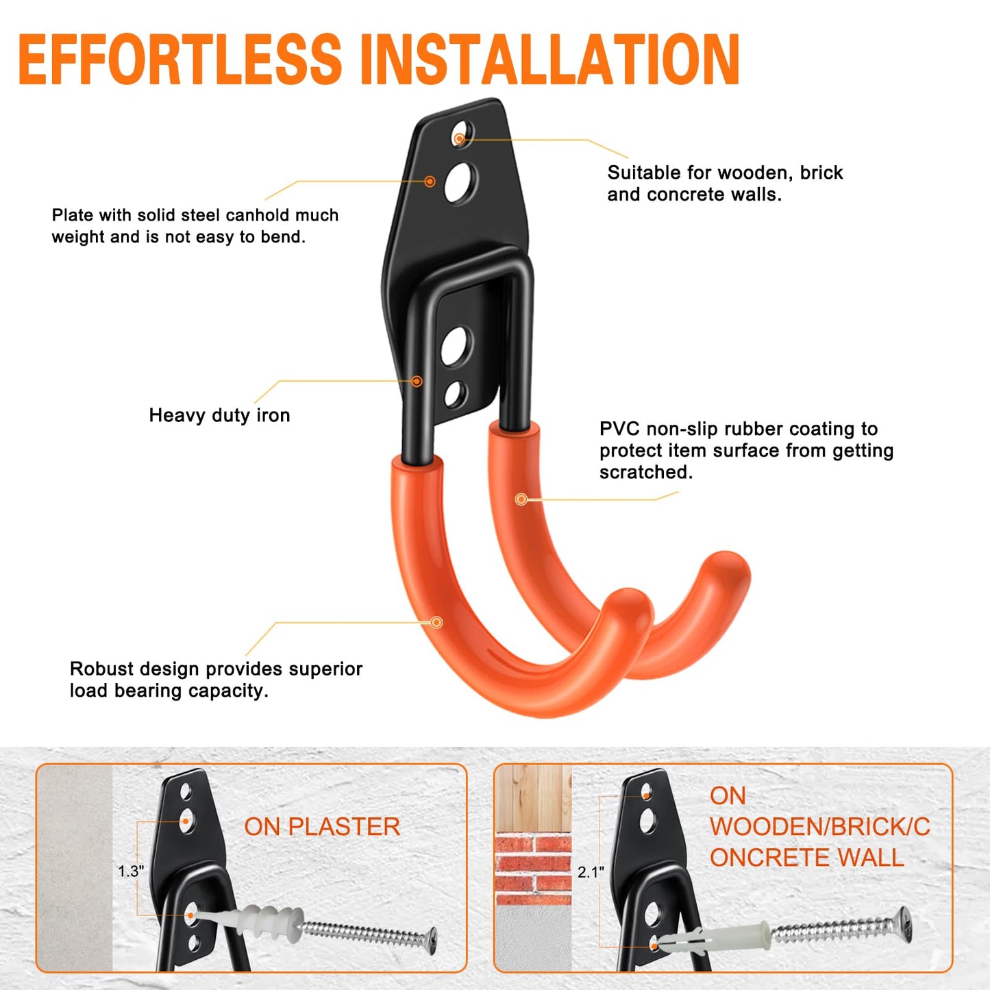 HUPBIPY Heavy Duty Garage Hooks 6 Pack, J Shaped Hanger, Wall Mounted Storage System, Power and Garden Tool Organizer, for Hanging Ladders, Bikes Tires, Hose, Bulk Items