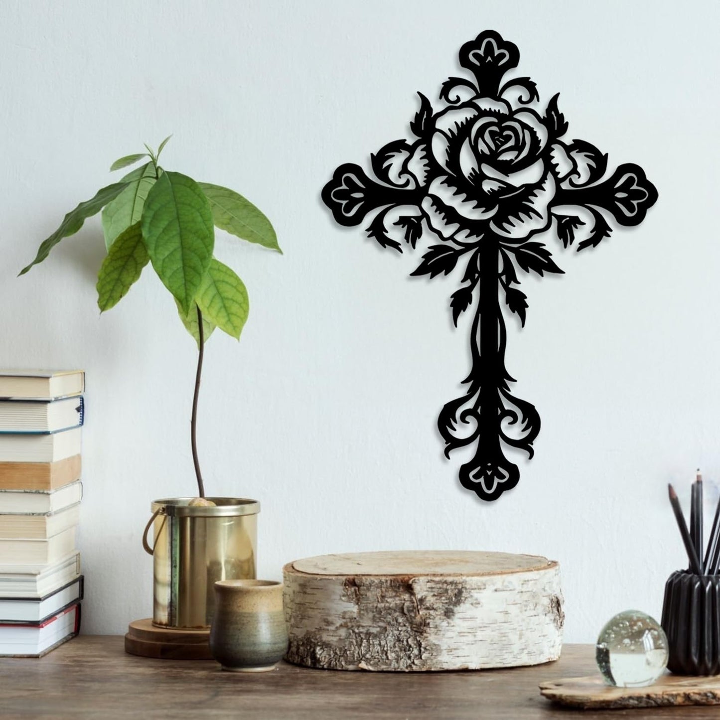 LIYOUYA Metal Rose Cross Wall Decor - Modern Room Decor Black Cross Wall Art Home Decor for Living Room, Bedroom, Dining Room, Porch (Black)