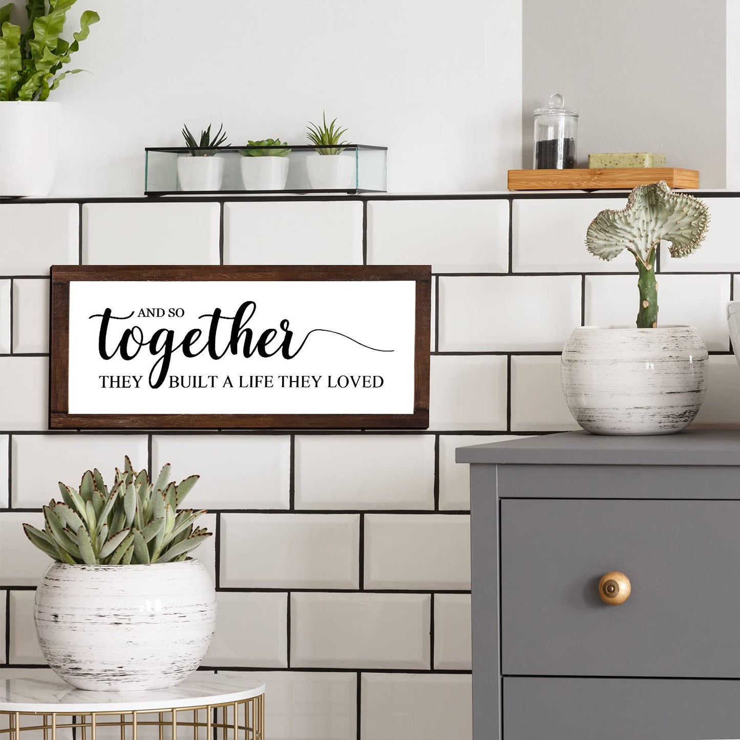 Jetec Farmhouse Wall Decor Rustic Modern Framed Hanging Plaque Together They Built a Life They Loved Sign 14 x 6.4 Inches Wooden Signs for Home Love Decorations