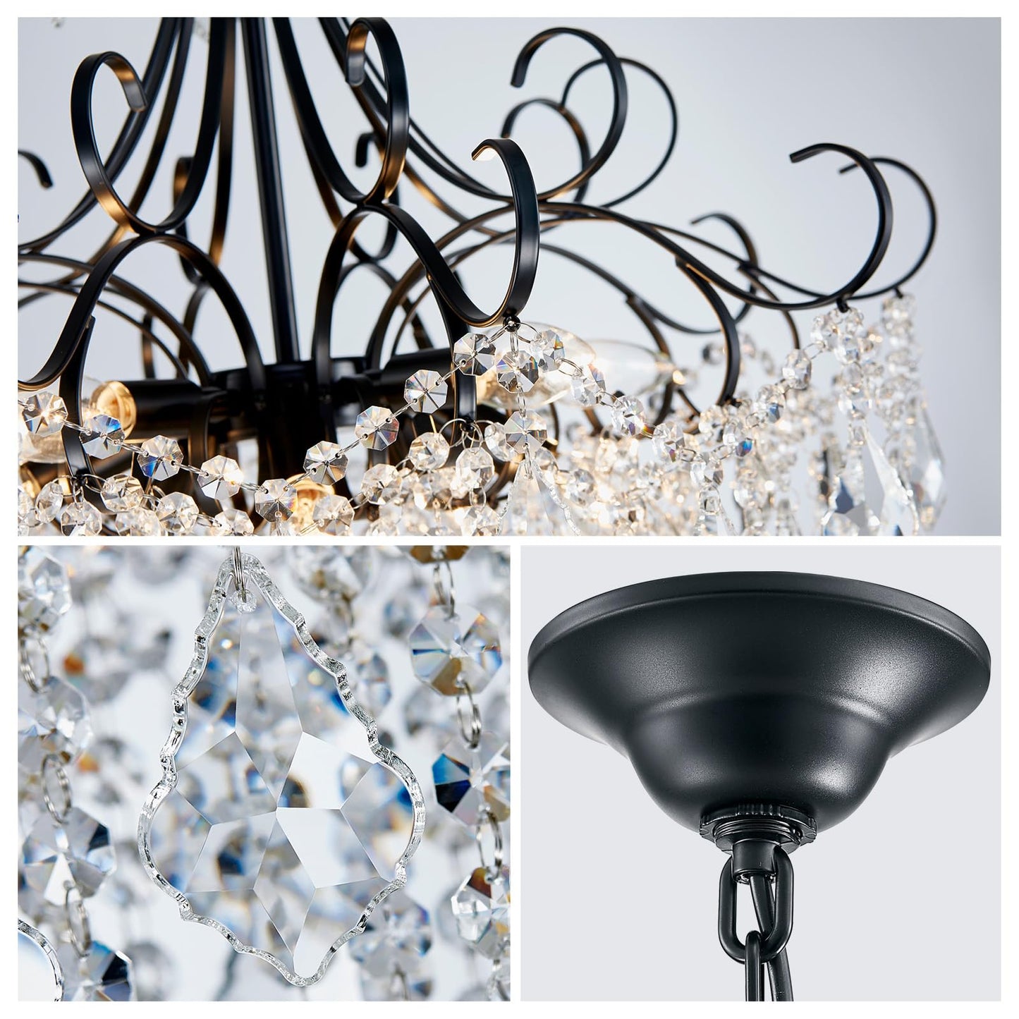 WUZUPS Crystal Chandelier 10-Light Pendant Ceiling Light Modern Lighting Fixture for Dining Room Hallway Bedroom Kitchen Bathroom, H 27.6" x W 22.8", E12 Base, Black
