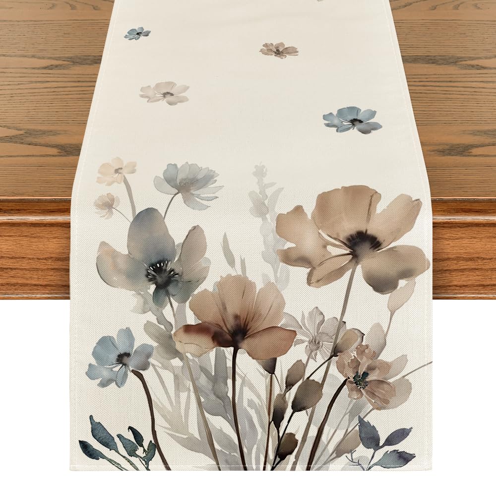 Artoid Mode Brown Poppy Floral Leaves Spring Table Runner, Seasonal Summer Kitchen Dining Table Decoration for Home Party Decor 13x108 Inch
