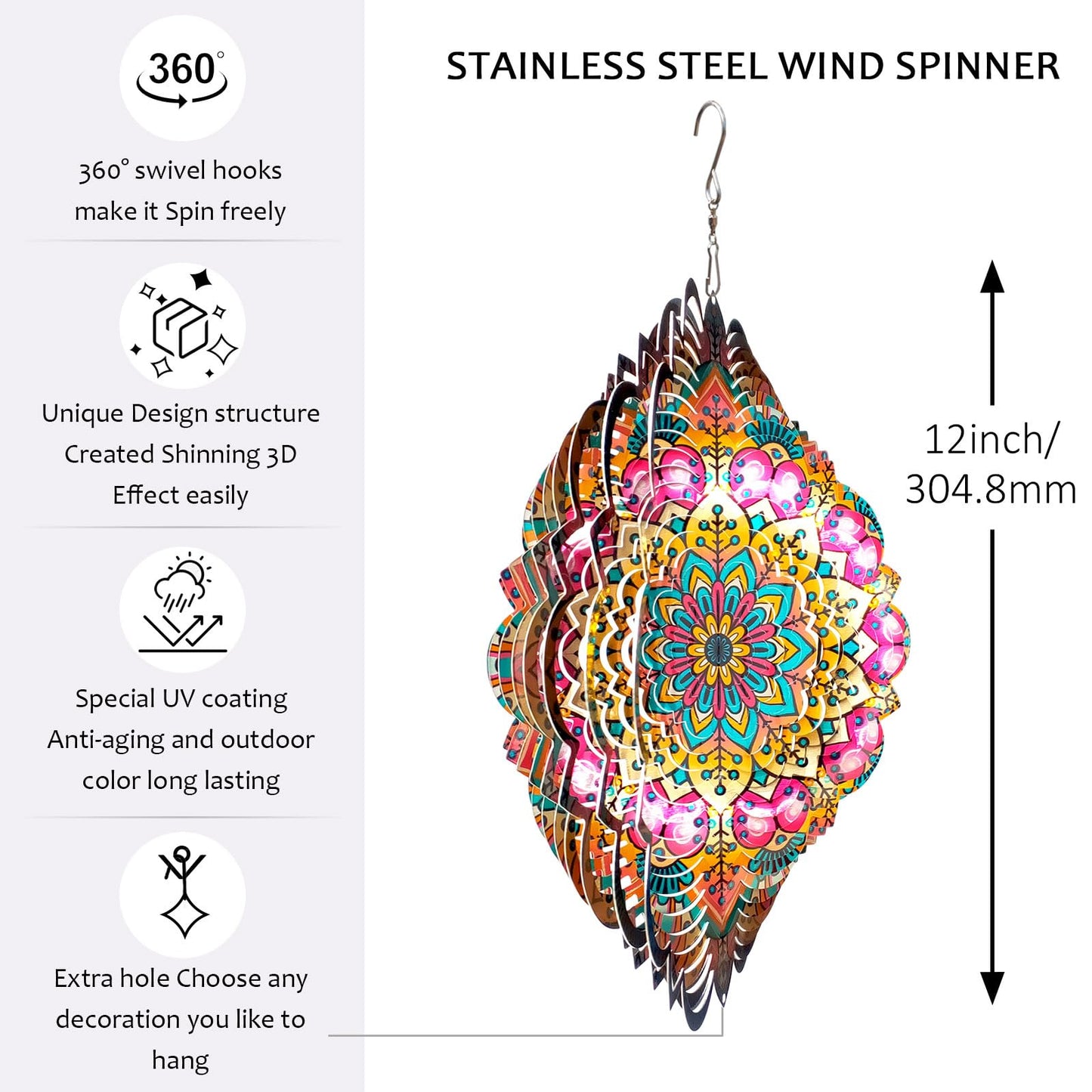 Aoedelyart Wind Spinners Outdoor Mandala Lucky Star,Laser Cut Metal Kinetic Art Wind Spinner Gift for Christmas,12In Stainless Steel Hanging Yard&Garden 3D Wind Sculpture Decorations Indoor Spinners