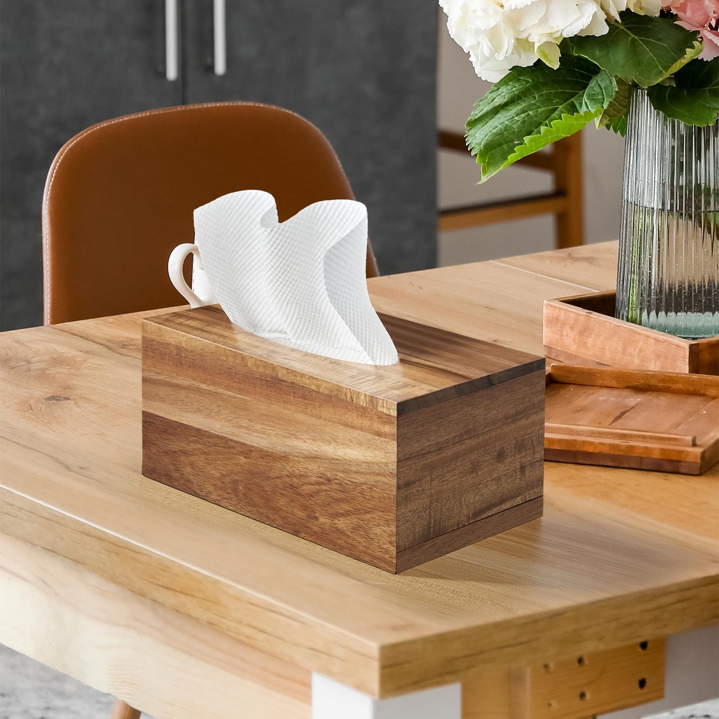ALELION Rectangular Tissue Box Cover for 120, 160 Count Box - Acacia Wood Rectangle Tissue Box Holder - Decorative Facial Cube Tissue Box Cover for Tabletop Night Stands Bathroom Office