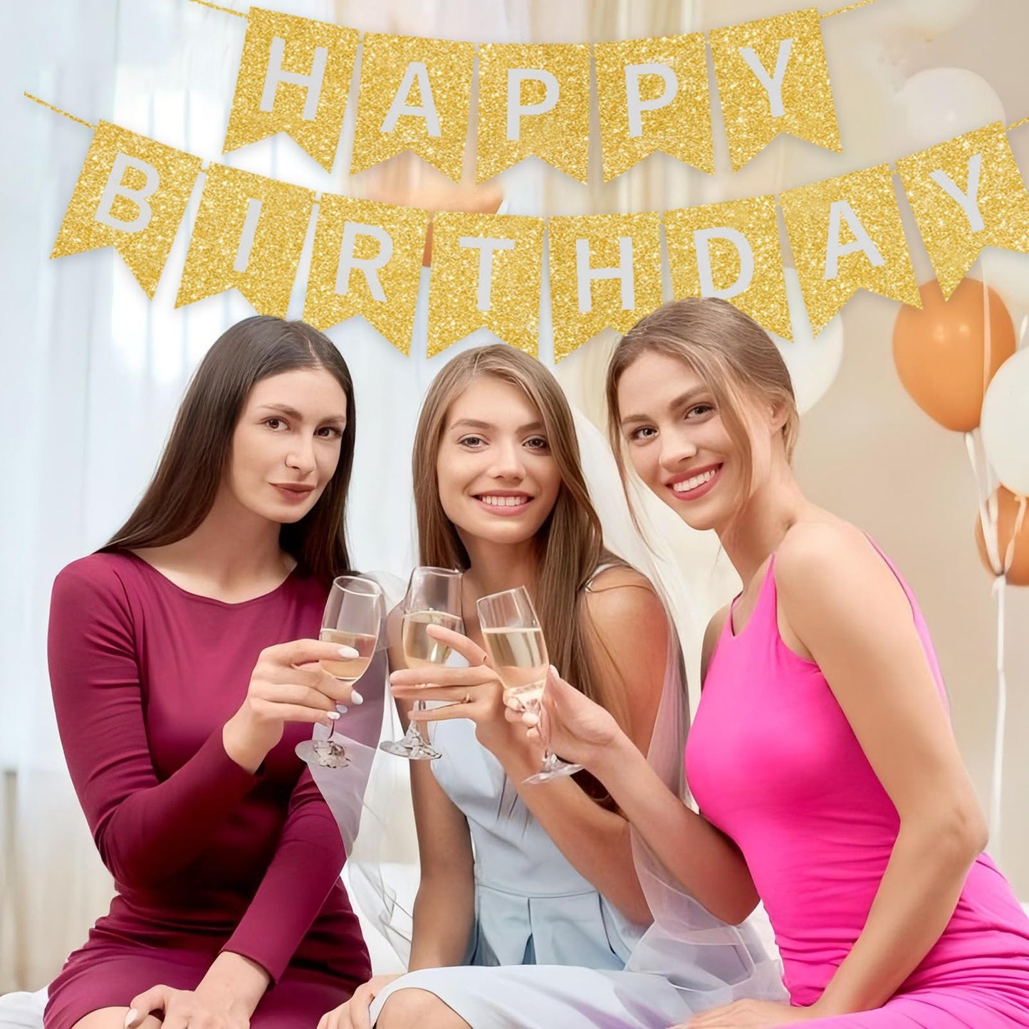 Gold Happy Birthday Banner - 16 ft Pre-Strung Gold Birthday Party Decorations Sign for Girls, Boys, Kids, Women - No DIY Hanging Backdrop for Indoor & Outdoor Celebrations