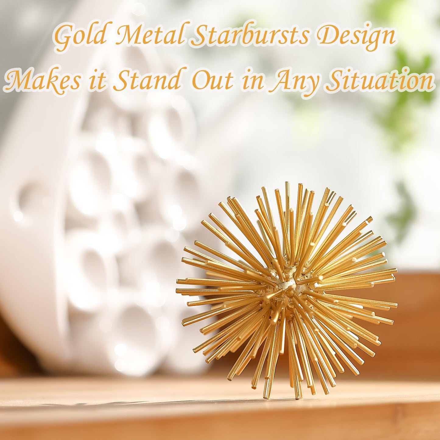 MOCOME Gold Sphere Decor, Metal Gold Starburst Tabletop Sculpture Decor, Modern Metal Starburst Centerpiece, Spike Ball Decoration for Home Decor