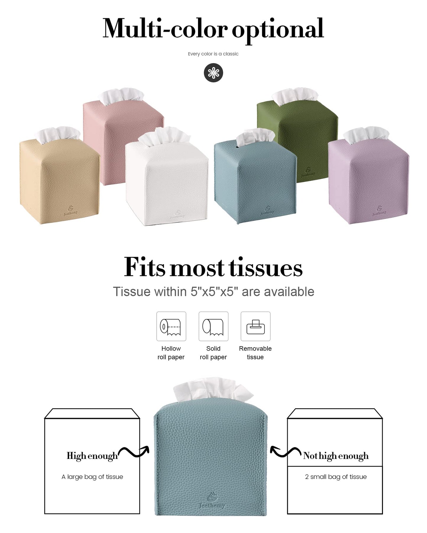 Tissue Box Cover, Jeethemy Square PU Leather Tissue Box Holder, Modern Tissue Case Facial Paper Organizer Dispenser，5X5X5'',Single Blue