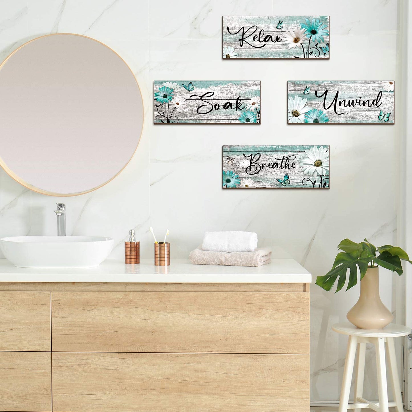 Sunnyray 4 Pcs Farmhouse Bathroom Wall Decor Sign Spring Daisy Tulip Flowers and Butterfly Bathroom Wall Art Relax Soak Unwind Breathe Rustic Wood Plaque Decor(10 x 4 Inch,Turquoise)