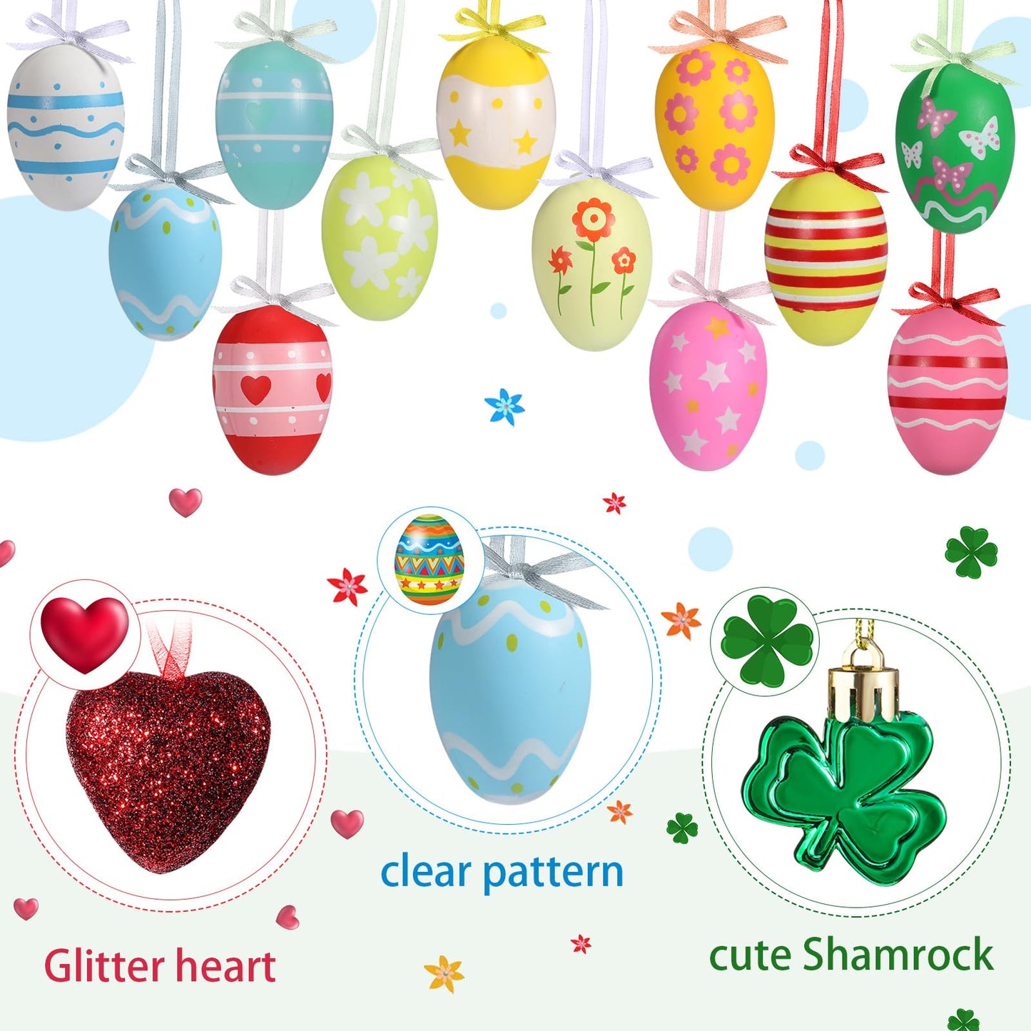 Jutom 54 Pcs Valentines Day Tree Decorations Heart Hanging Ornaments St. Patrick's Day Shamrock Easter Egg Tree Ornaments Heart Shaped Clover Baubles for Holiday Party (Classic Style)