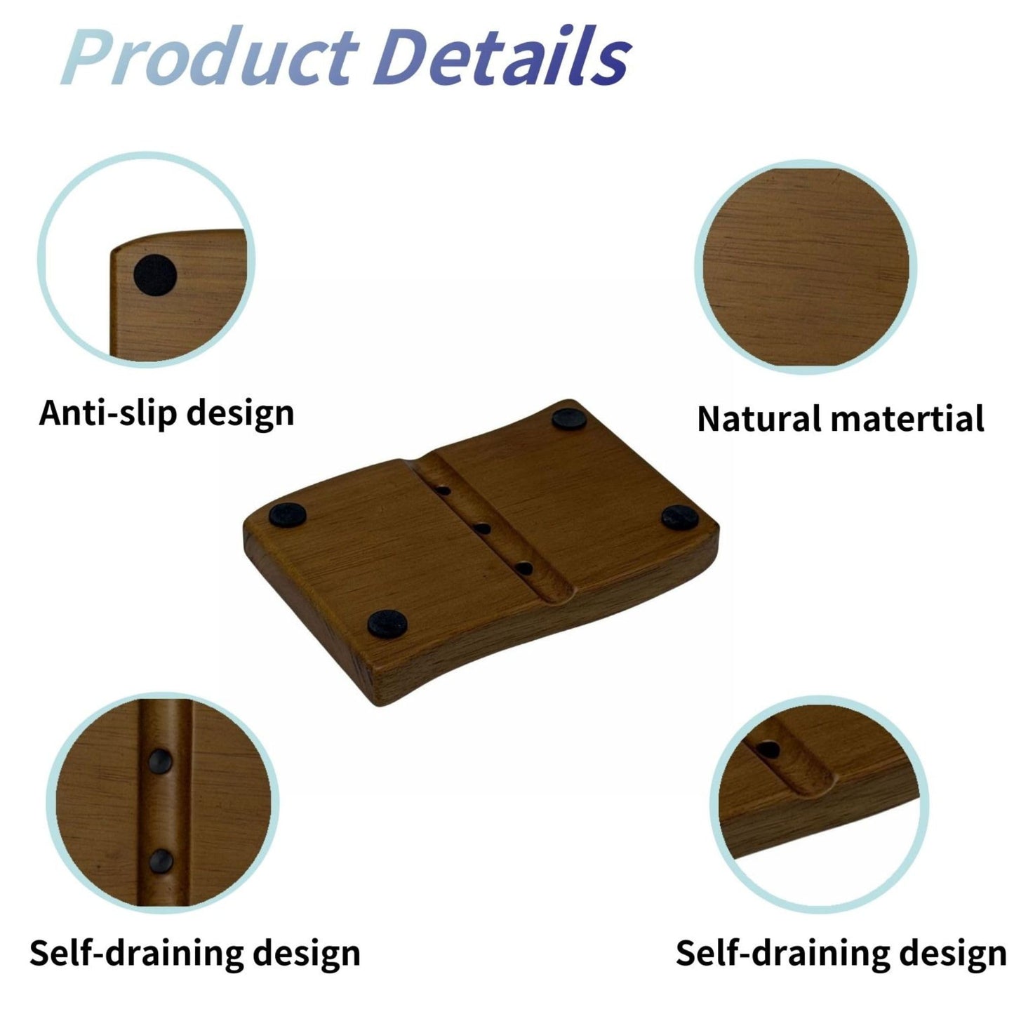 AxonVolu Wood Self-Draining Bar Soap Holder, Natural Rubberwood Soap Dish with 3 Drainage Holes, Non-Slip Soap Saver Tray for Bathroom & Kitchen, Rustic Wooden Sponge/Soap Case（Brown, 1-Pack）