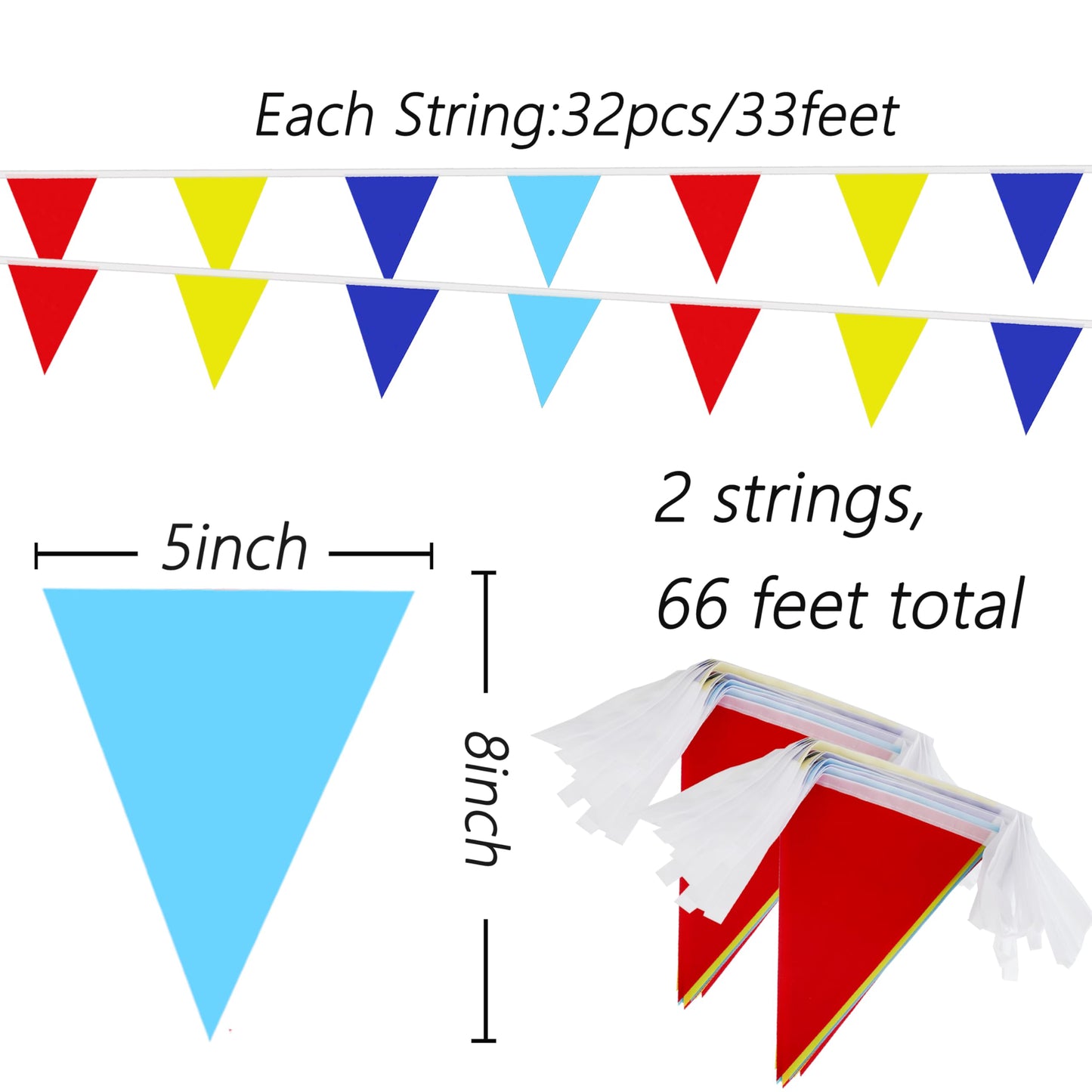 Red Yellow and Blue Pennant Banner String DIY Triangle Garland Flags for Kids Birthday Baby Showers Carnival Clown Operations Outdoor Garden Festivals School Events Weddings Picnics 66Ft 64Pcs