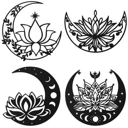 Photect 4 Pcs Moon Phases Metal Wall Decor Flower Leaf Bedroom Decor Art Floral Boho Modern Hanging for Outdoor Farmhouse Home Indoor Bathroom Decoration