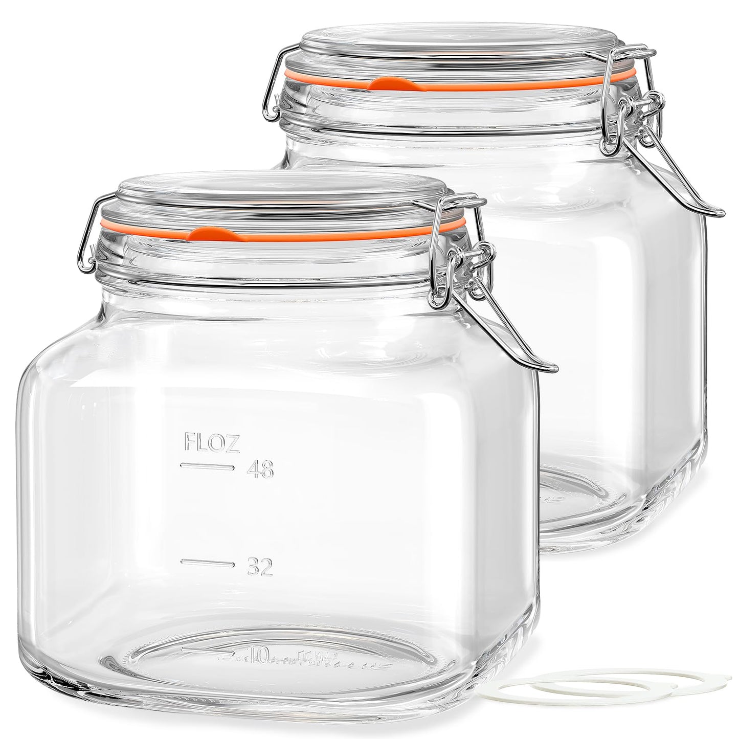 Large Glass Jars with Airtight Lid, 2 Pack Glass Food Storage Jars with 2 Scale Marks, Square Glass Canisters for Flour, Cereal, Coffee, Pasta, Cookies, Pickle, 0.6 Gallon Wide Mouth Mason Jars