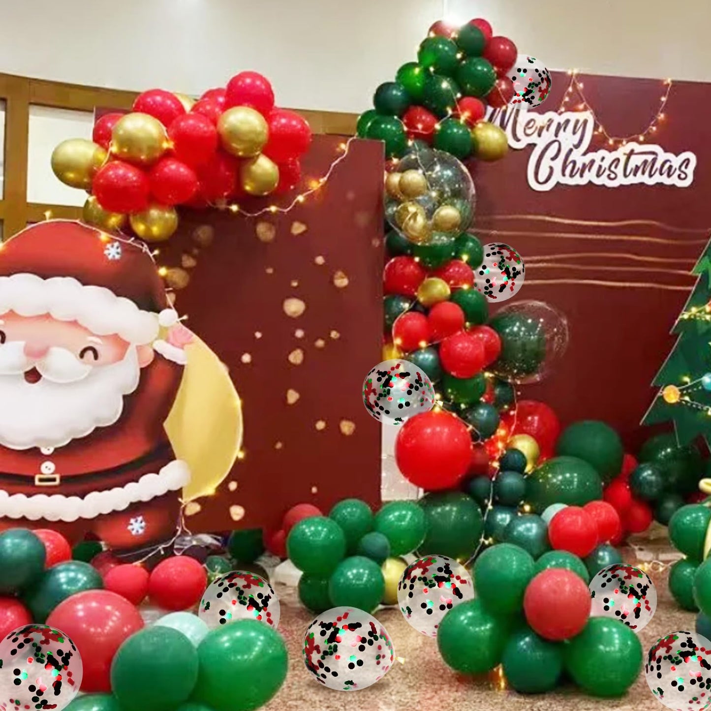 Red and Green Balloons 50 Pcs 12 Inch Christmas Latex Balloons Set Green Red Confetti Balloons with 2 rolls of ribbon for Christmas Holiday Party Decoration