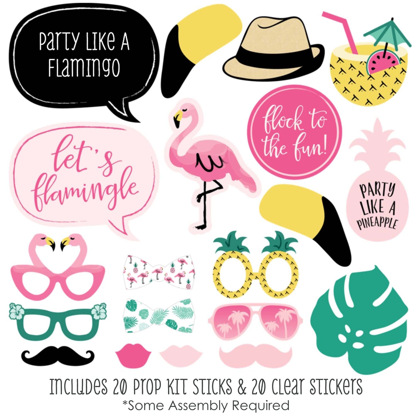 Big Dot of Happiness Pink Flamingo - Party Like a Pineapple - Tropical Summer Party Photo Booth Props Kit - 20 Count
