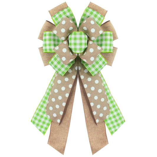chmacura Spring Wreath Bow for Front Door, Natural Green Dots Bows Green Buffalo Plaid Craft Bow Birthday Easter Tree Topper Ornament Bow for Home Easter Decorations Supplies