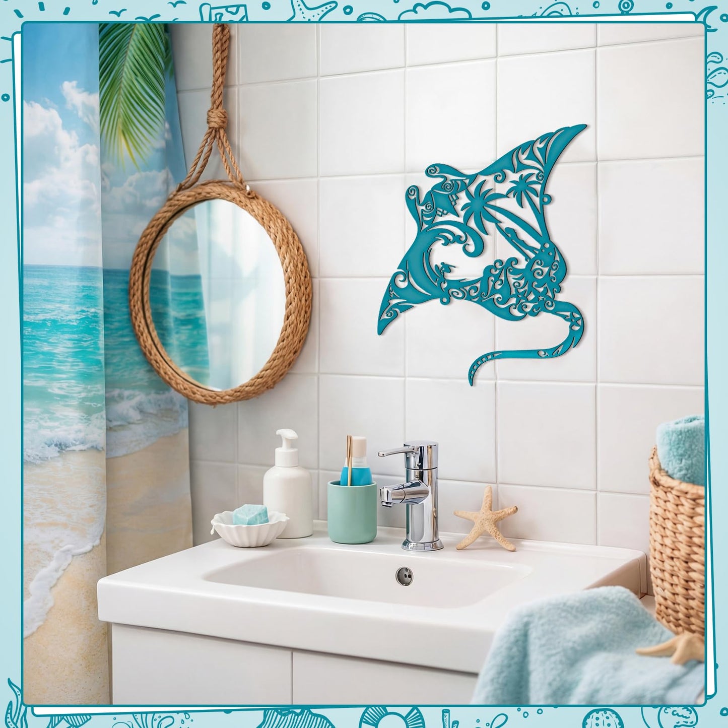 Pelopy Manta Ray Metal Wall Art 13.8inch Gradient Iron Ocean Fish Decor Coastal Ocean Sea Metal Fish Hanging Wall Art Decor for Coastal Farmhouse Beach Themed Rooms