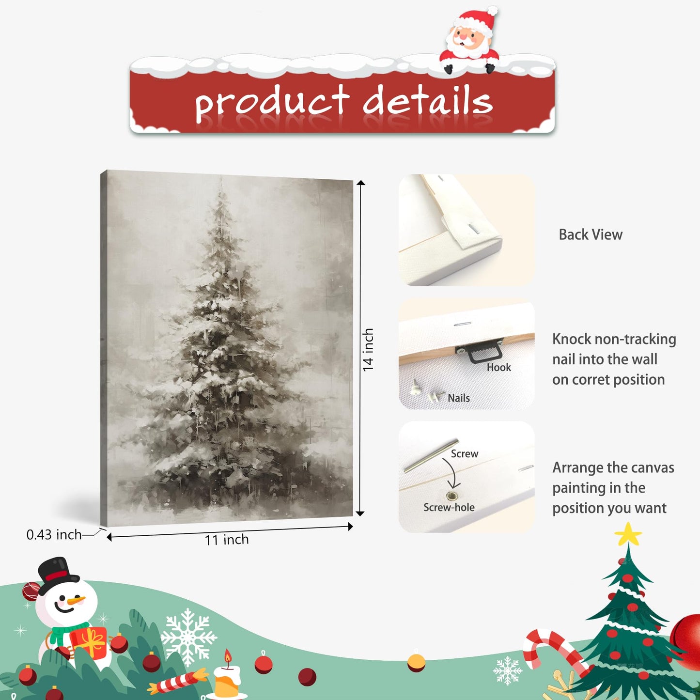 FISWAFY Christmas Tree Wall Art, Rustic Winter Snowy Christmas Tree Canvas Wall Art Prints, Christmas Wall Decorations, Christmas Poster Pictures Wall Decor for Home Office, 11x14 Inch Framed