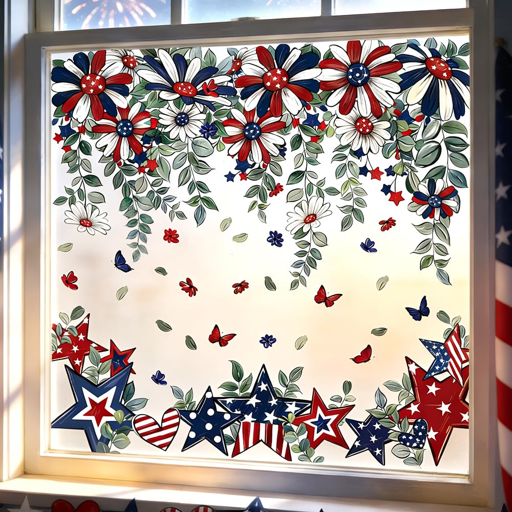 JOICEE 8 Sheets Patriotic Window Clings,4th of July Window Stickers Red White Blue Star Flower Butterfly Hanging Vine Floral Window Decals for Independence Day Home School Office Holiday Decoration