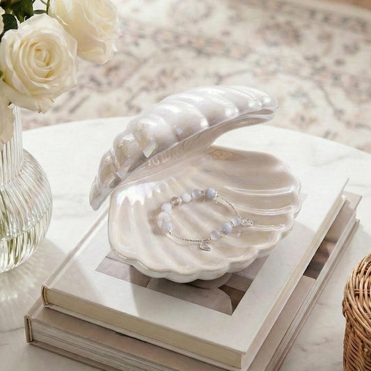 Denique Shell Jewelry Dish Tray, Ceramic Trinket Tray Clamshell Jewelry Storage Dish, Ring Holder Dish Key Bowl, Decorative Jewelry Plate, Cute Jewelry Organizer for Room Decor (White)