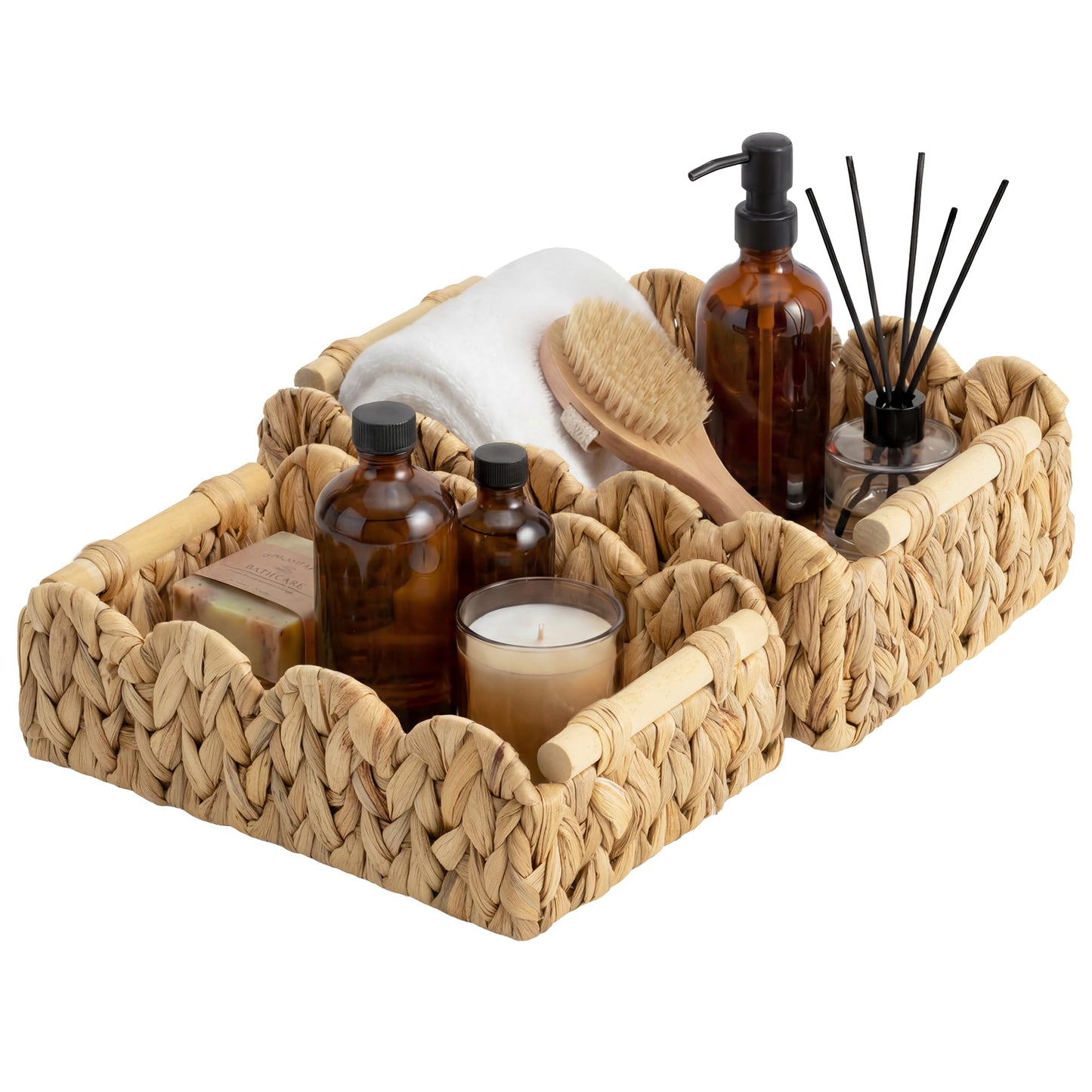 StorageWorks Toilet Paper Basket 2 Pack, Back of Toilet Basket with Wooden Handles, Small Wicker Decorative Scalloped Baskets for Organizing, Living Room Storage, Natural Water Hyacinth