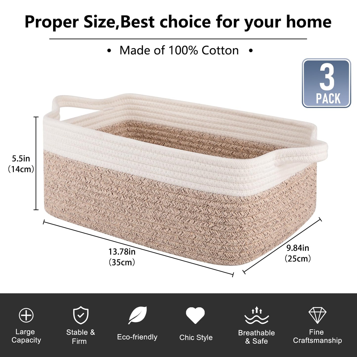 OIAHOMY 3 Pack Storage Basket, Woven Baskets for Storage, Cotton Rope Basket for toys,Towel Baskets for Bathroom,Brown