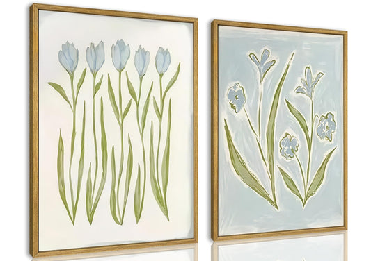 wanyun Blue Tulip Flower Wall Art Set of 2, Watercolor Floral Preppy Canvas Poster Prints, Modern Botanical Painting Aesthetic Picture for Living Room Bedroom Bathroom Apartment Wall Decor 12x16 Inch Framed