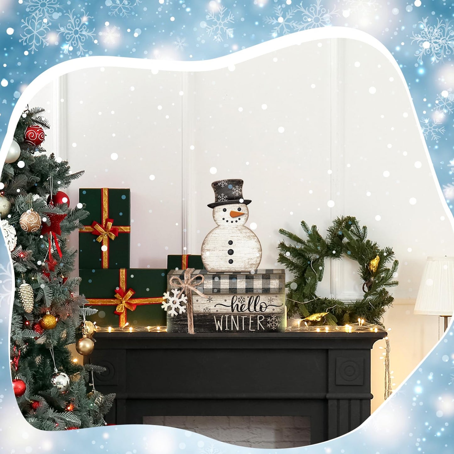 Anglechic 4 Pcs Winter Snowman Decor Hello Winter Table Decorations Christmas Tiered Tray Decor Centerpiece Indoor Rustic Wooden Snowman Block Sign Gift Farmhouse for Home Kitchen Shelf