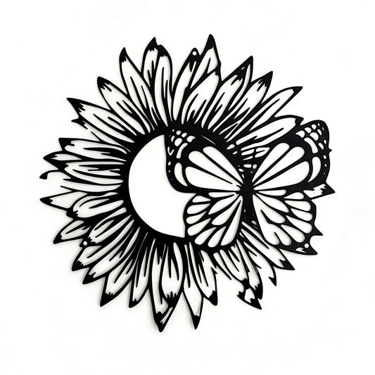 SonnTonn Sunflower Butterfly Metal Wall Art, Indoor Home Wall Sculpture for Living Room, Bedroom, Outdoor Garden Decor for Patio (11.8”x11.8” / 30x30cm)