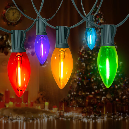 CHYParty C9 Christmas Lights Outdoor, 25FT Waterproof Multicolor LED String Lights for Roofline Xmas Tree Patio Holiday Party Decor - UL Listed, Commercial Grade, Green Wire