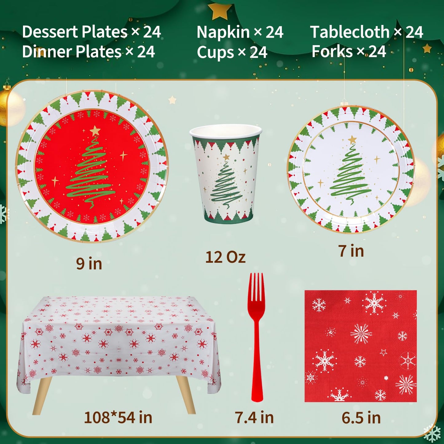 Atonofun Christmas Party Supplies, Merry Christmas Paper Plates and Napkins, Disposable Party Plates, 12oz Cups, Napkins and Forks for Xmas, Holiday Party Decorations Serves 24