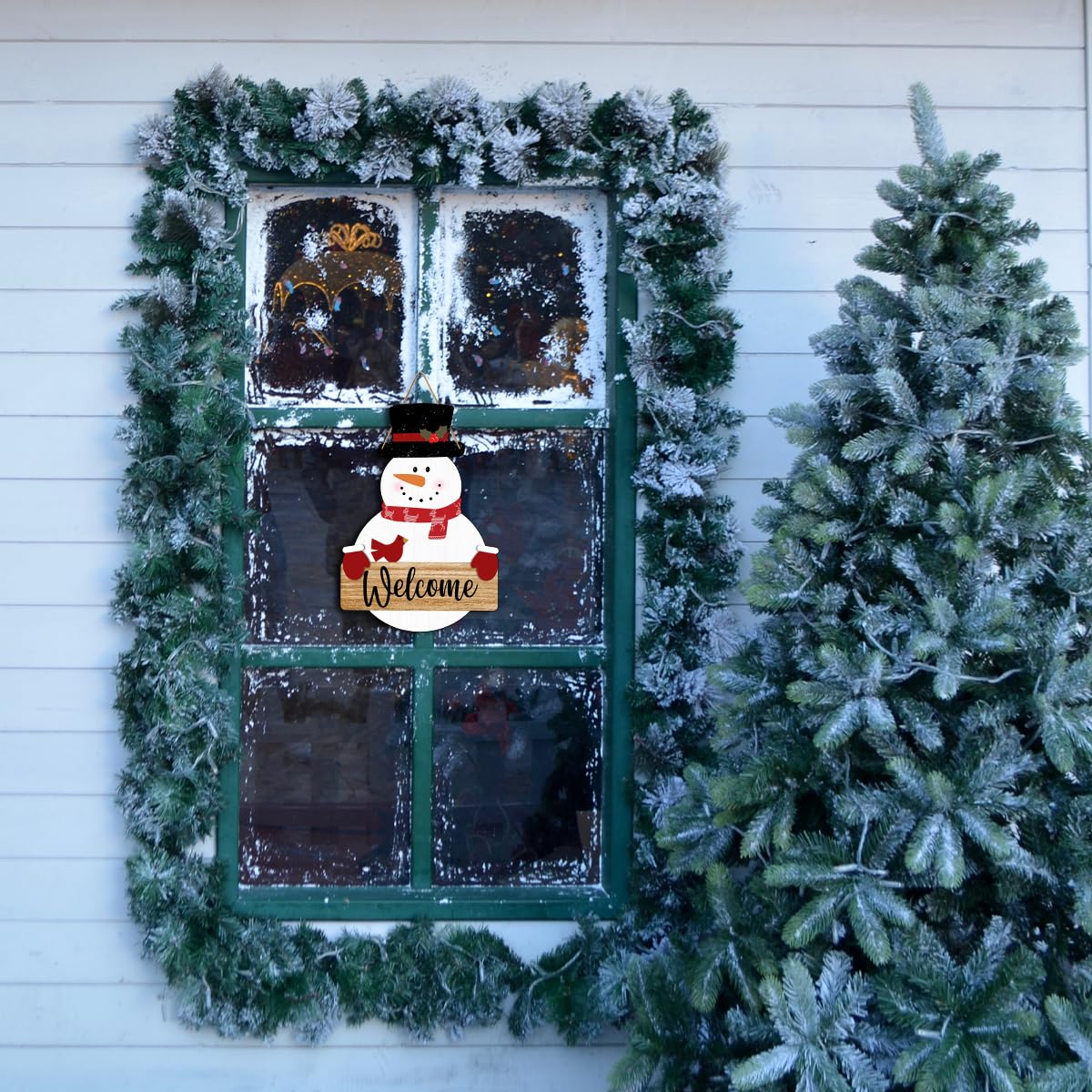 Snowman Merry Christmas Welcome Sign - Snowman Christmas Door Hanger - Hello Winter Snowflake Round Wooden Decor for Tree, Front Door, Porch, Wall, Party Hanging Decorations, 10X10 Inches -B09