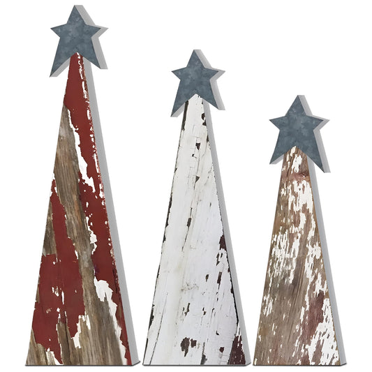 Soaoo 3 Pcs Rustic Christmas Tree Wooden Table Decorations Farmhouse Small Christmas in July Tabletop Centerpieces with Standing Top Star for Home Shelf Mantel Fireplace Table Party Decor