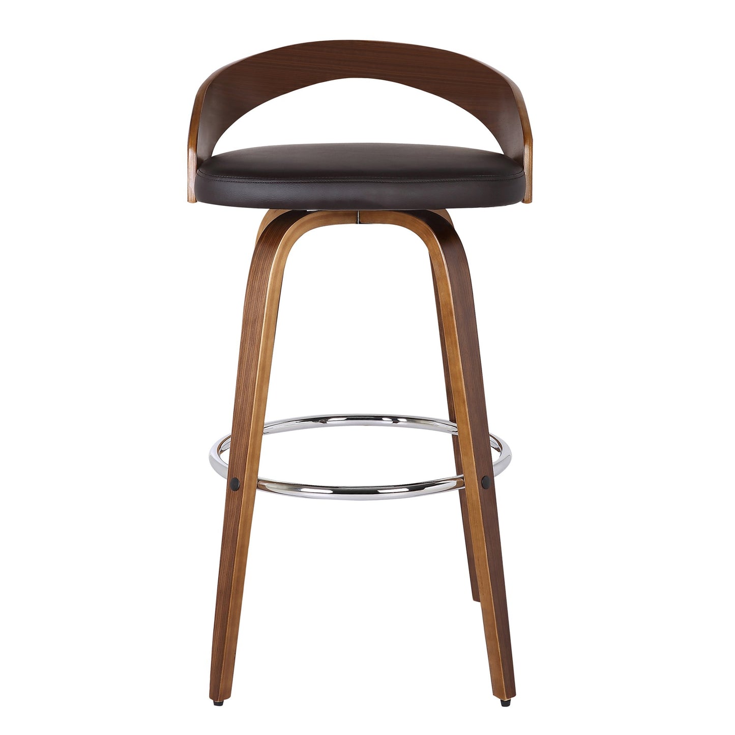 Armen Living Sonia 26" Seat Height Mid Century Modern Swivel Bar Stool for Kitchen Island Counter in Brown Faux Leather and Walnut Wood