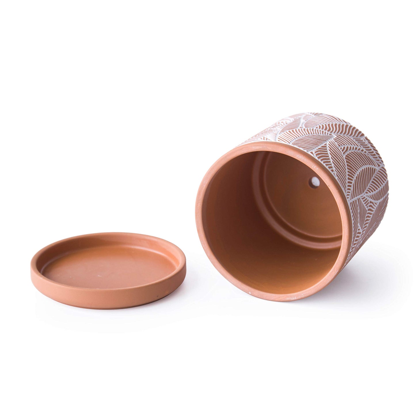 D'vine Dev Set of 2 Terracotta Pots, Leaves Pattern Planter Pot, 4 Inch and 6 Inch, Pot with Drainage Hole and Saucer, Terracotta/White, 31-958-I-1