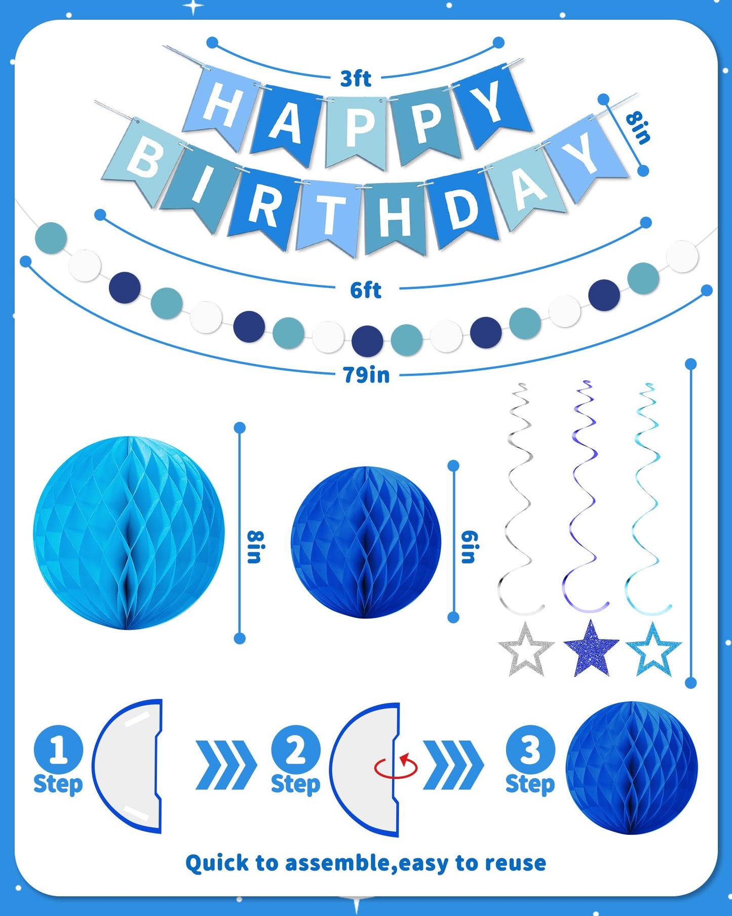 Blue Happy Birthday Decorations, Happy Birthday Banner with Honeycomb Balls, Stars Hanging Swirl Streamers, Dots Garland, Party Decorations for Men Boys Women Girls