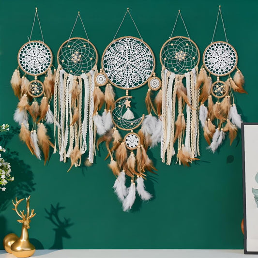 Handcrafted Dream Catcher Wall Decor Set, 5 Pieces, Round Shape, 10 Inch Diameter, Cotton and Feather, Art Deco Style, Moon and Star Design, Indoor Hanging Ornaments (5, Brown)