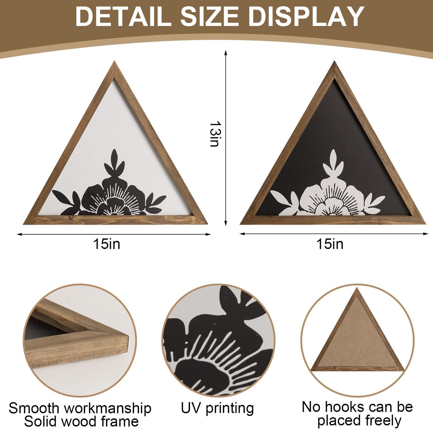 flangairy Floral Wall Decor Wooden Botanical Wall Art Framed Boho Wood Geometric Triangles Black White Bedroom Bathroom Room Home Decorations