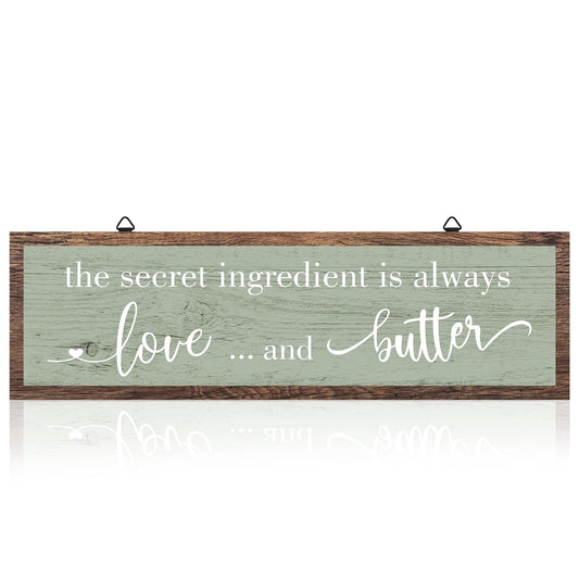 Jetec The Secret Ingredient Is Always Love and Butter Sign Funny Wood Kitchen Sign Funny Farmhouse Wall Decor Rustic Kitchen Wall Decoration, 15.7 x 4.7 Inch(Green)