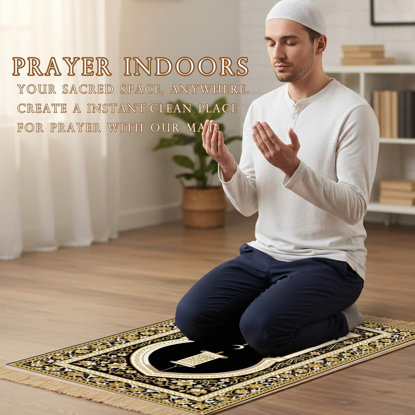 Prayer Mat Beads Ramadan Gifts - Thick Muslim Prayer Rug Islamic Tasbih Black Prayer Beads, Islamic Praying Mat Carpet for Namaz Salah Meditation Eid Decorations for Home