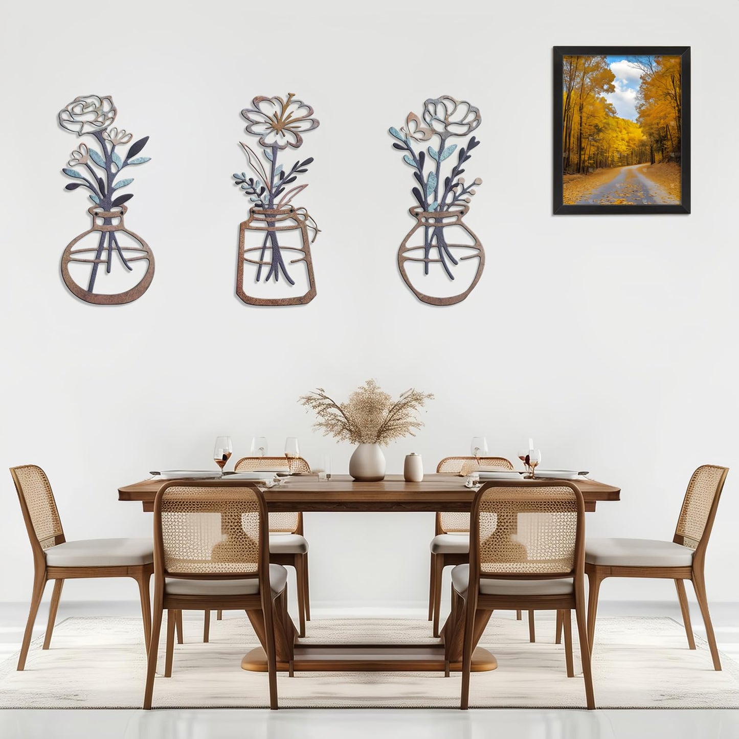 Lcaughsy Metal-Wall-Decor Living Room - 3 Pcs Metal Bathroom Wall Art Floral Vase and Picture Frame for Decoration- Hanging Display Wall Decor Art for Home Dining Room Bedroom Kitchen Farmhouse,Brown