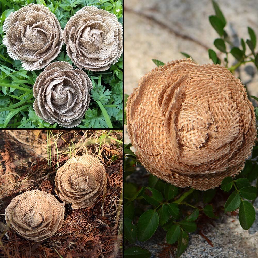 CCINEE Natural Burlap Flowers Assorted Handmade Burlap Rose for Wedding Decoration and Floral Crafts Making, Pack of 18