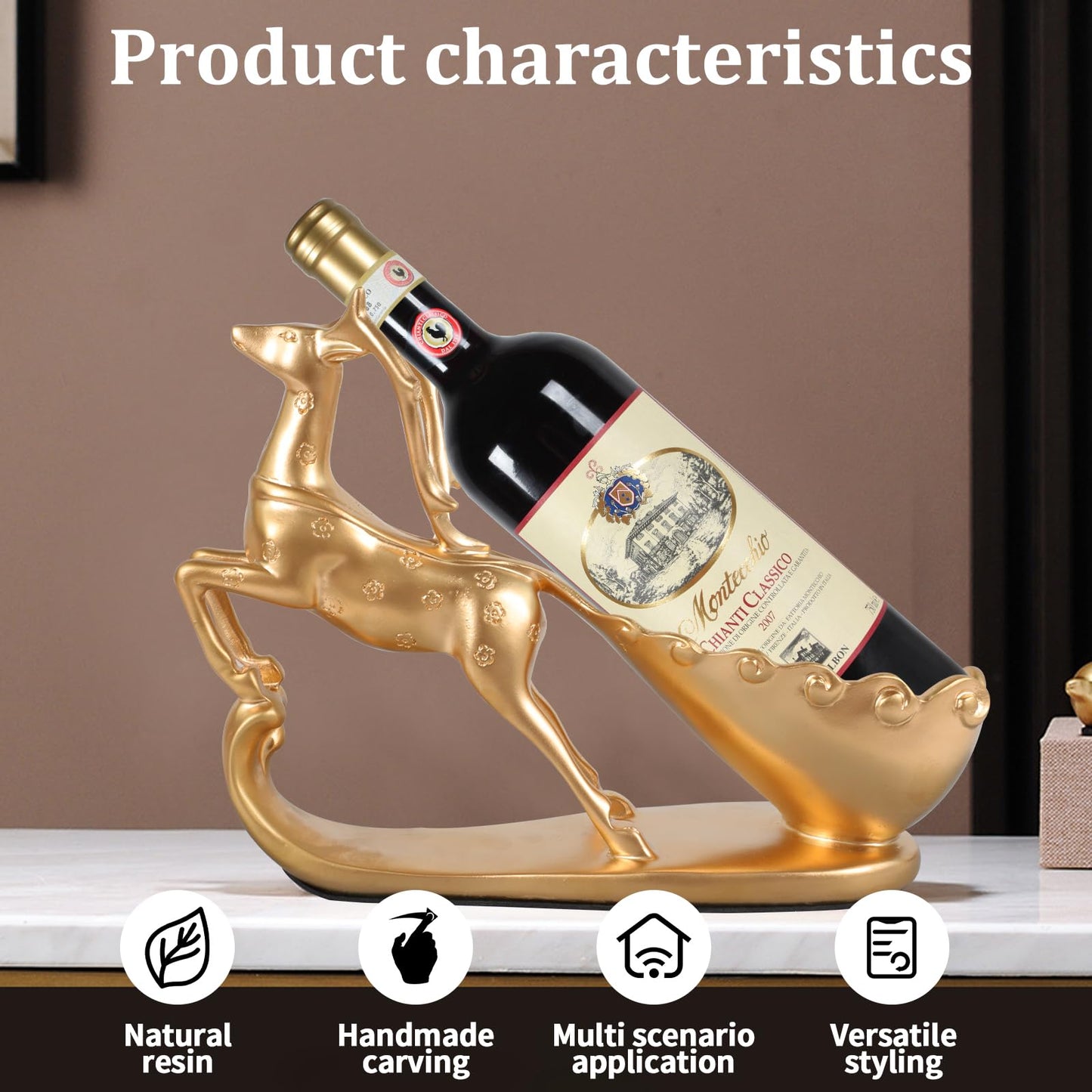 Huniruyo Nordic-Inspired Reindeer Wine Bottle Holder – Modern Resin Sculpture for Tabletop Decor,Functional Wine Rack for Kitchen,Dining Room,or Gift for Wine Lovers (Gold)