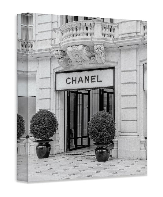 Luxury Black & White Photo 16x20 Stretched Canvas Poster-Paris Boutique Facade - Fashion Enthusiasts & Luxury Shoppers, Dorm Decor, Iconic Brand Store, Classy Aesthetic, Wall Art for Boutique Interior