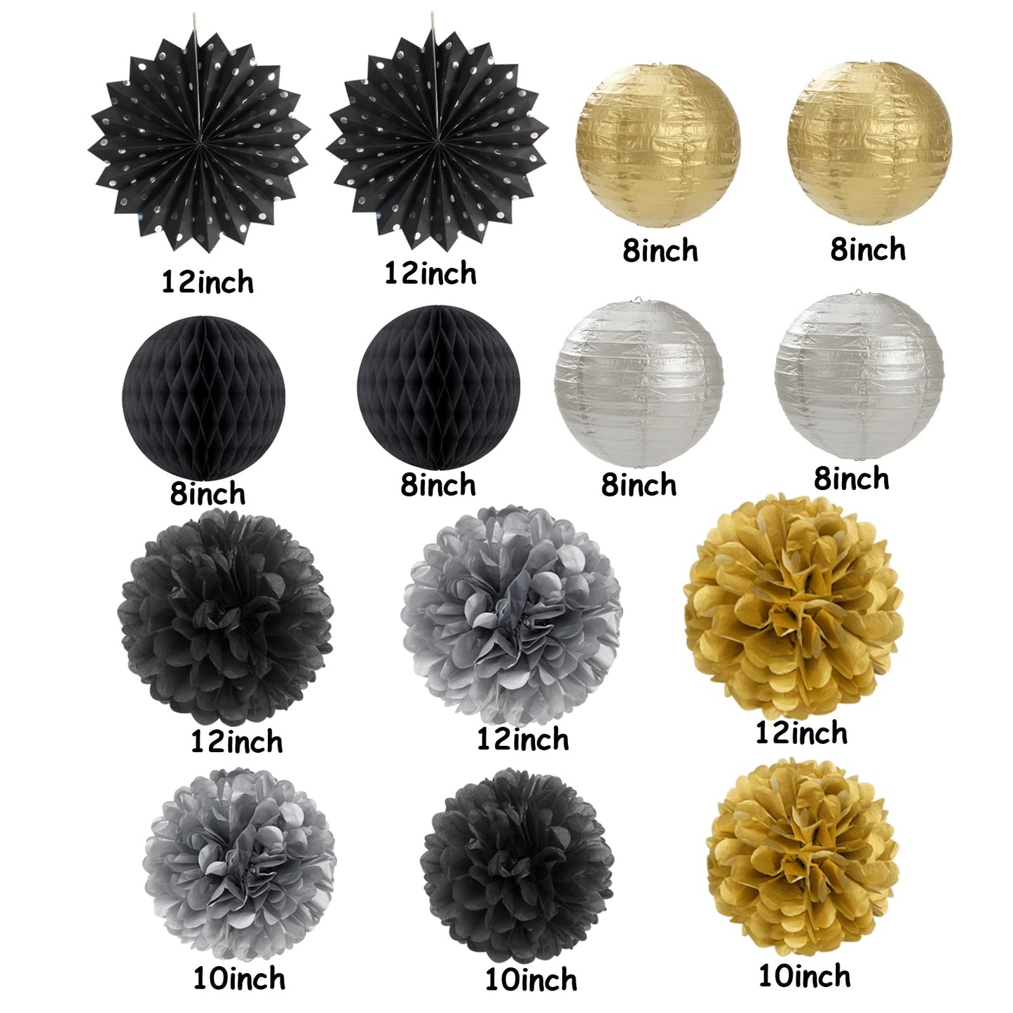 Black Gold Silver Party-Decorations Streamers-Lanterns - 14pcs Graduation 2026 Paper Fan,Tissue Flower Pom Poms Streamers,Honeycomb Balls,Men Birthday Wedding Baby Bridal Shower Decor Ouruola
