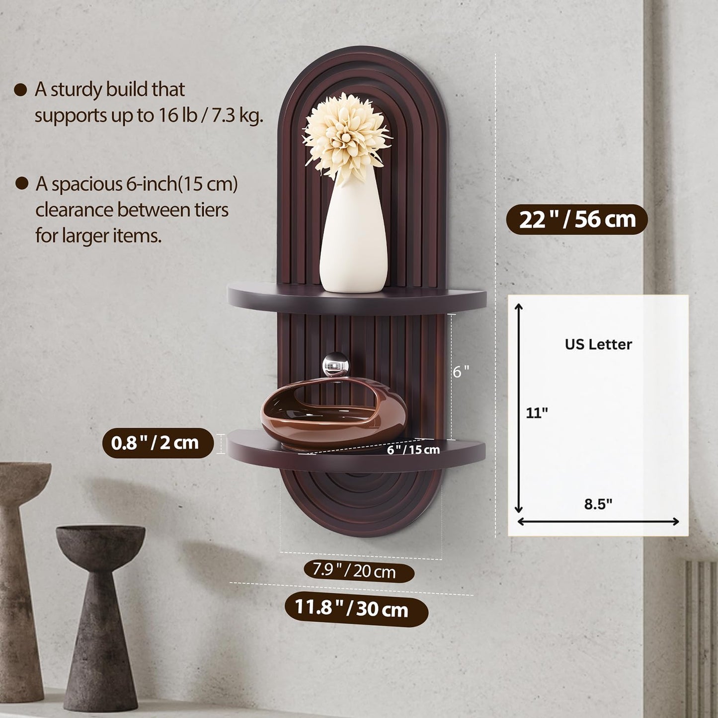SweetSage Boho Wall Shelf with Arched Wood Design Mid-Century Rainbow Decor Floating Shelves for Home Bedroom Living Room Nursery Office 22 x 11.8 Inches Dark Brown