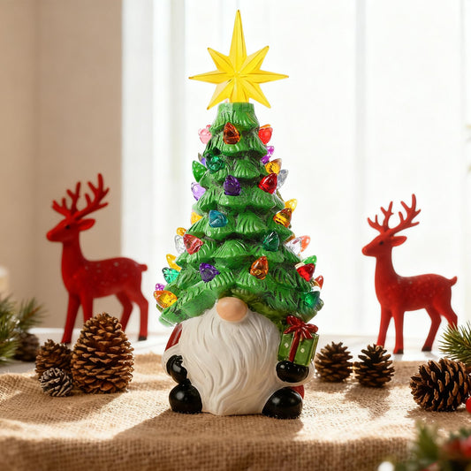 Christmas Decorations - 8” Lighted Up Gnomes Resin Christmas Tree, Gnome Christmas Tree with Multicolored Lights, Small Mini Prelit Xmas Holiday Decor for Tabletop Home Room Table Fireplace Office