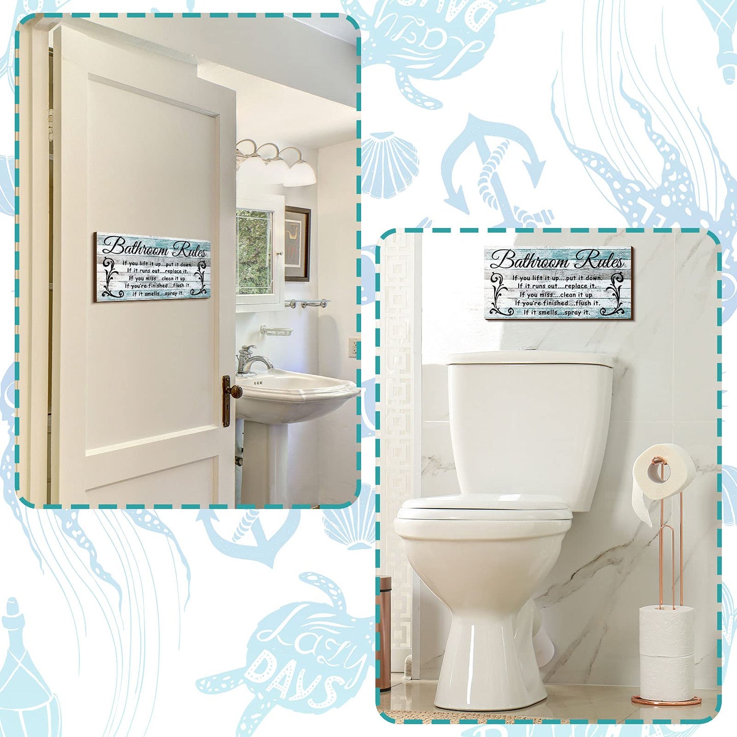 Jetec 2 Pieces Funny Bathroom Signs Bathroom Wall Decor Toilet Wall Accessories Farmhouse Toilet Rustic Wooden Signs, 12x6 Inch(Chic Style)