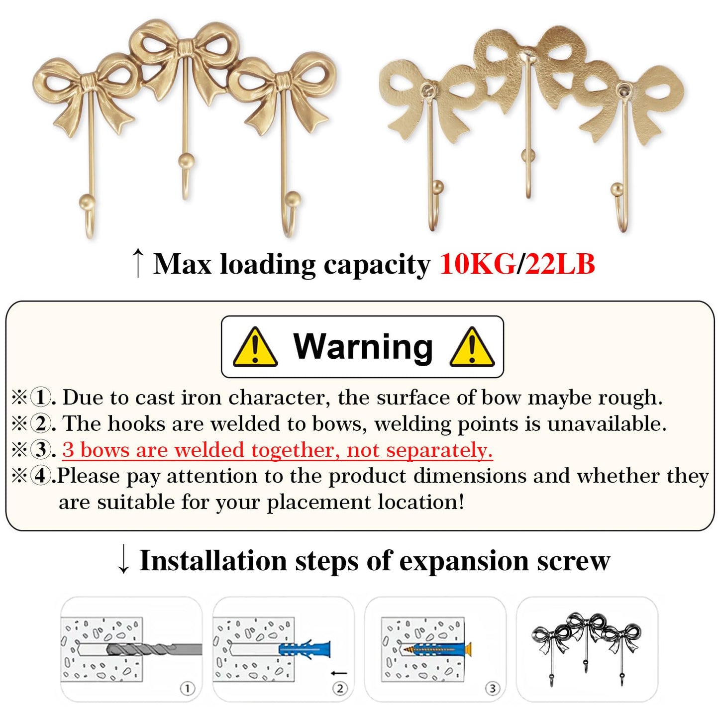 Small Bow Wall Hook,Gold Wall Mounted Functional Hooks,Antique Gold Cast Iron Hook for Coats,Bags, Bath Towels,Room Decorations,Girls Room,Bathroom,Office(Three-Bows Hooks:8.27x5.59 inches)