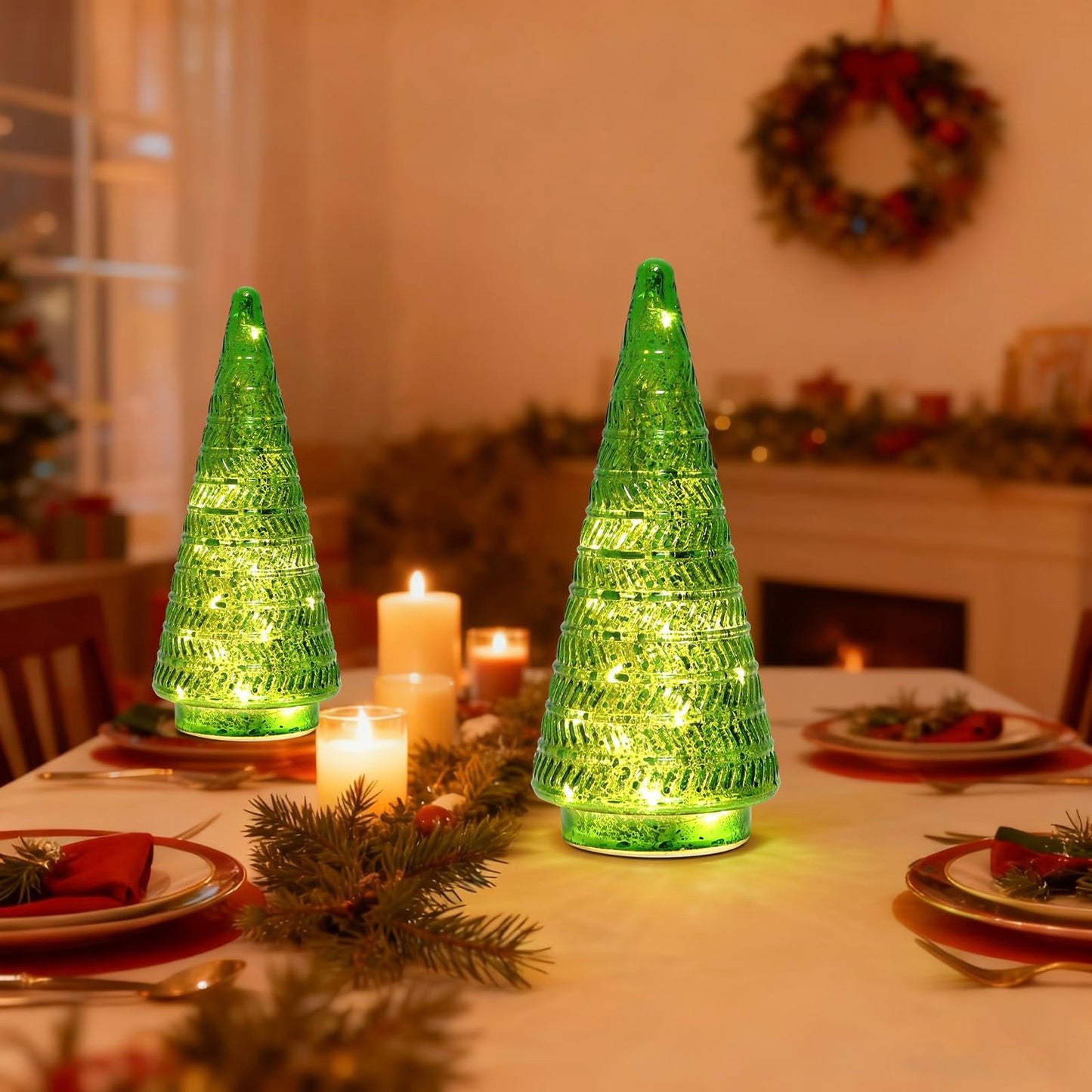 JBGIYOSG Christmas Tree Glass Decorative Light: 10.24" Tall, Holiday Tabletop Ornament, Frosted Glass Christmas Home Decor, Xmas Tree Night Light for Indoor Decor Green